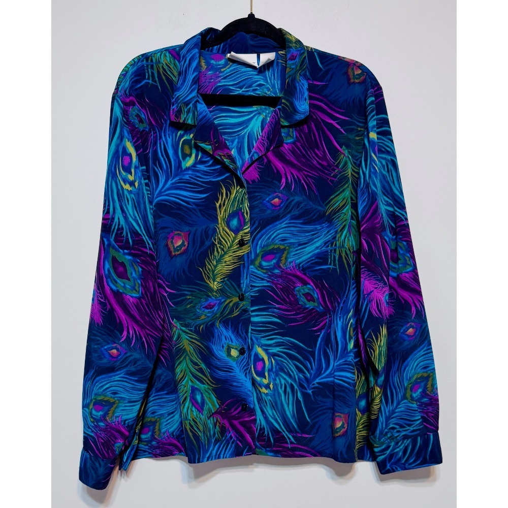 Peacock Feather Print Long-Sleeve Blouse - Blue